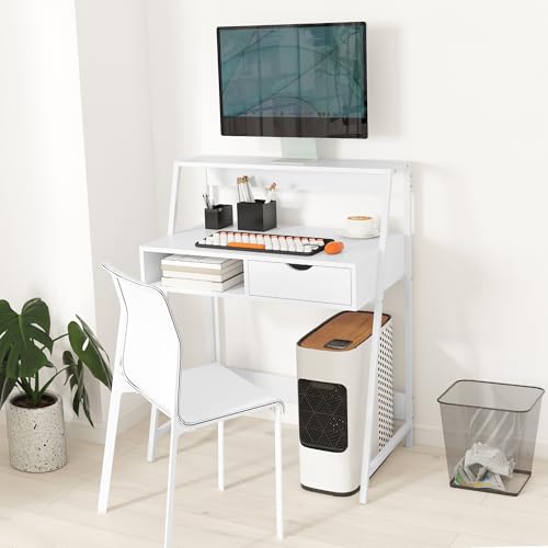 HOMCOM Home Office Desk, Computer Desk with A Frame for Small Spaces, Writing Table with Drawer and Storage Shelves, White