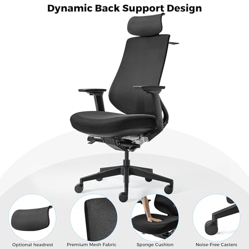 EUREKA ERGONOMIC Lira Office Chair with Headrest, Ergonomic Desk Chair with 3D Armrests, Adjustable Seat Depth, Mesh Computer Chair with Lumbar Support for Home Office(Black)