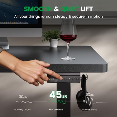 DeskShow Electric Standing Desk Adjustable - 60x28 Inch Sit Stand Desk with 1 Inch Thick Tabletop, Double Beam Frame, 3 Memory Height Adjustment, Cable Management for Home Office