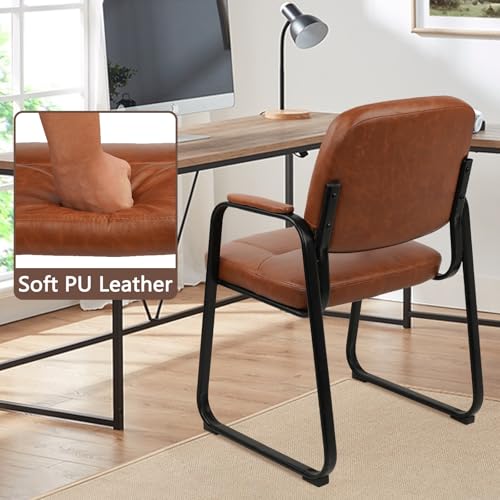CLATINA Waiting Reception Chairs No Wheel, Leather Guest Chair with Padded Arms, Modern Brown Office Desk Chairs with Sled Base for Office Meeting Conference Room Lobby Home Living Room (4 Pack)