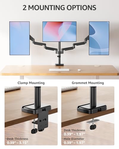 MOUNTUP Triple Monitor Stand Mount - 3 Monitors Desk Mount for Computer Screens Up to 27 inch, Triple Monitor Arm, Heavy Duty Monitors Stand, Each Arm Holds 4.4-19.8 lbs, Black