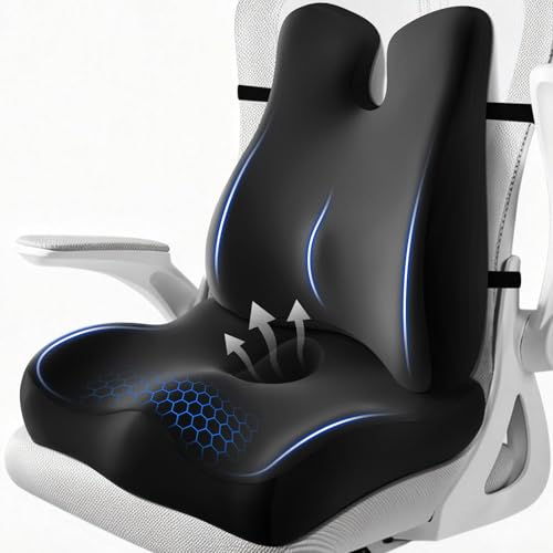 JIPORIER Lumbar Support Pillow for Office Chair,Seat Cushion with Back Support,Office Chair Cushion for Tailbone Pain,Sciatica and Hemorrhoid Relief (Black)