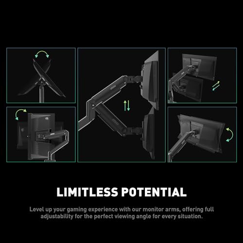 MSI MAG MT201D - Premium Heavy Duty Dual Monitor Stand Arms, 17-45" Support, VESA Compatible, Adjustable Spring Mount, 44 lbs per Screen, Clamp & Grommet, Quick Release Plate - Black