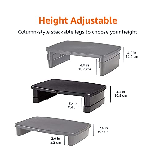 Amazon Basics Height Adjustable Monitor Stand Riser with Storage Organizer, Multifunctional Desk Accessories for Reduced Neck Strain - Fits Monitors, Laptops Up to 22lbs, Black
