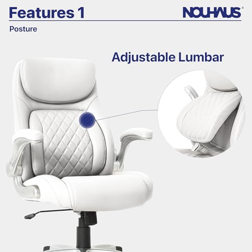 Nouhaus +Posture Ergonomic PU Leather Office Chair. Click5 Lumbar Support with FlipAdjust Armrests. Modern Executive Chair and Computer Desk Chair (White)