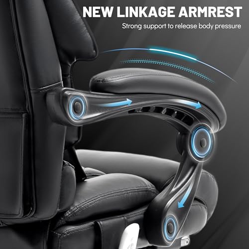 Massage Office Chair with Foot Rest,6 Points Vibration&Heat Executive Office Chairs,Big and Tall Leather Office Chair 500LBS,Ergonomic Desk Chair for Heavy People,Home and Office Computer Chair,Black