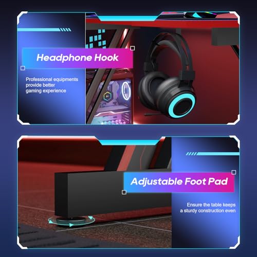 BestOffice Gaming Desk Z Shaped 47 inch PC Computer Desk Computer Workstation Ergonomic Gaming Table with Headphone Hook for Game Players, Black&Red