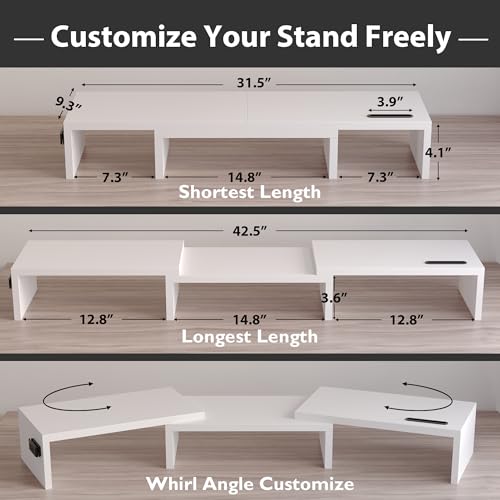 BONTEC Dual Monitor Stand Riser, Adjustable Length & Swivel Angle, Ergonomic Wooden Desktop Organizer with Smartphone Holder, Computer Monitor Stand for PC Monitor, Laptop, Printer, Large Storage