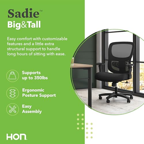 HON Sadie Big and Tall Ergonomic Office Chair with Mesh Back, Adjustable Lumbar Support and Arms, High Back Desk and Computer Chair for Home Office or Workstation, 350 lb. Weight Capacity, Black