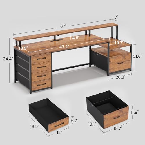 SEDETA Home Office Desk with File Drawer & Power Outlet, 66'' Computer Desk with 5 Drawer, Storage Shelves, Printer Cabinet and Monitor Shelf, Gaming Desk with Led Lights, Rustic Brown