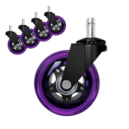 3” Office Chair Wheels Set of 5, 11x22mm Heavy Duty Chair Casters for Hardwood Floor, Smooth Rolling Rubber Caster Wheels Replacement Fits 98% Gaming Chair, Purple