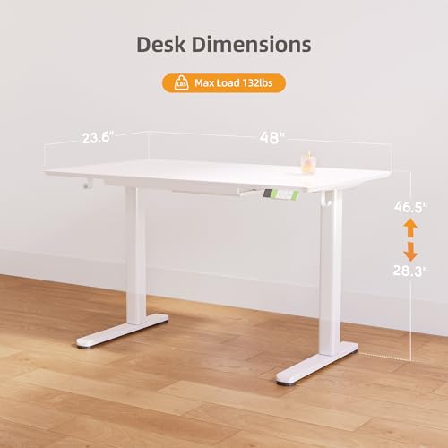 Claiks Glass Standing Desk with Drawers, 48×24 Inch Electric Adjustable Height Stand Up Desk Quick Install Computer Desk, White