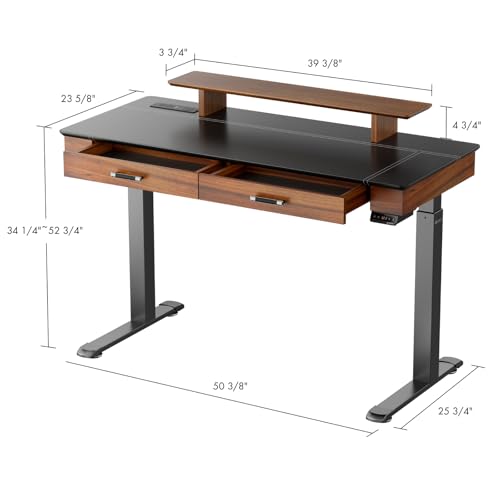 EUREKA ERGONOMIC Adjustable Desk Leather Electric, 55 Inch Height Executive Standing Desk with Drawers, Sit Stand Workstation for Home Office,Monitor Shelf,Wireless Charging – Black & Brown
