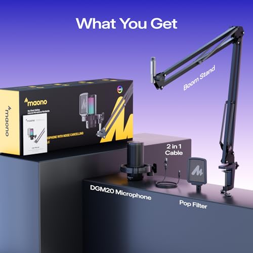 MAONO USB Gaming Microphone, Noise Cancellation Condenser Mic with Mute, Gain, Monitoring, Boom Arm Mic for Streaming, Podcast, Twitch, YouTube, Discord, PC, Computer, PS4, PS5, Mac, GamerWave DGM20S