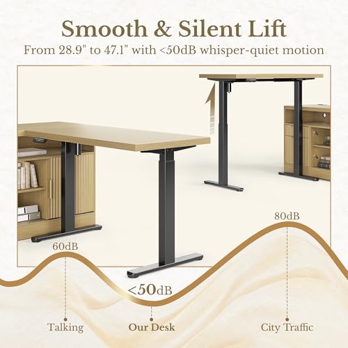 Perledesign L Shaped Standing Desk, 67 Inches Electric Adjustable Desk with Storage & 2 File Cabinets, Fluted Executive Corner Desk for Home Office with Built-in Outlets，1.18" Desktop, Light Walnut