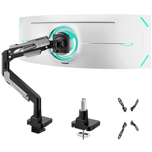 ARES WING Heavy Duty Single Monitor Arm - Gas Spring Aluminum Monitor Mount for 24"-57" Ultrawide Screens up to 66 lbs with Clamp/Grommet Desk Mount, 75/100/200 Vesa Mount, Black