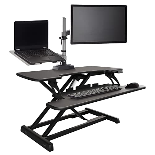 Vari Varidesk Pro Plus 36 Electric Standing Desk Converter – 11 Height Settings + Spring-Loader Lift, 2 Tier Design, Keyboard Tray – Fits Desktops 36” Wide x 26.5" Deep – Fully Assembled (Black)