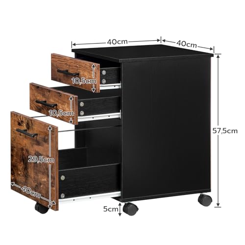 HOOBRO 3-Drawer File Cabinet, Wooden Under Desk Filing Cabinet, fits A4/Letter Size for Home Office, Small Rolling Storage Drawer Chest, Printer Stand with Drawers, Rustic Brown and Black BF02WJ01G1