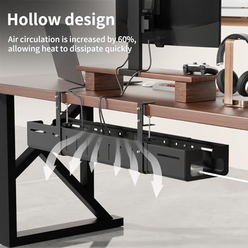 SUREUP9 Under Desk Cable Management Tray, Expandable 25.2"–38.6" Heavy Duty Carbon Steel with Clamp, Hidden Cord Organizer for Desk, Home Office & Standing Desk, No Drill Installation, Black