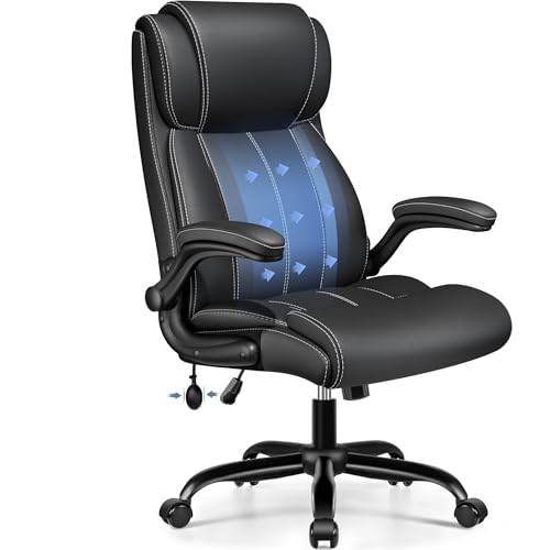 BESTFAIR Ergonomic Office Chair - Desk Computer Chair, Leather High Back Executive Chairs with Adjustable Lumbar Support & Flip Up Arms, Rocking, Black