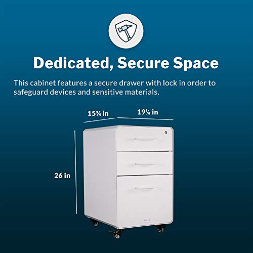 Vari File Cabinet for Office Storage with Three Drawers - Roll & Lock Caster Wheels (White)