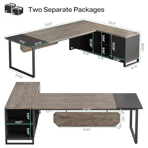 Tribesigns 70.8" Executive Desk with 55" File Cabinet, Industrial L Shaped Computer Desk with Storage Shelves and Cabinet, Large L Shaped Executive Desk for Home Office, Retro Gray & Black