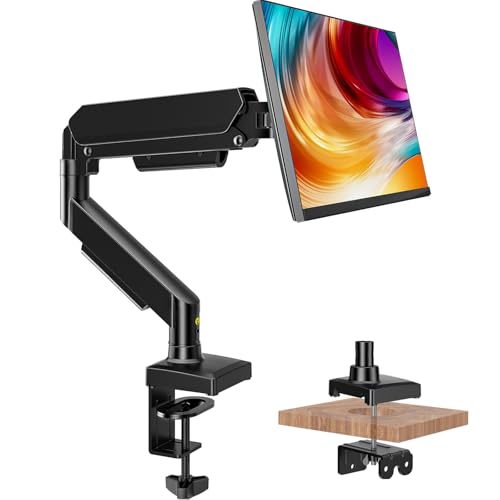 Single Monitor Mount, Gas Spring Arm for 17-32 inch Screens Adjustable Monitor Stand, Vesa Mount Stand with Clamp and Grommet Aluminum Base - Fits 4.4 to 22lbs LCD Computer Monitors HD09B-001