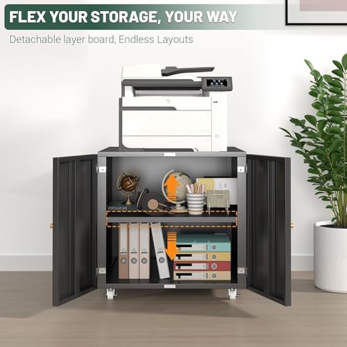 TEEALUBAN Large Printer Stand with Storage,3D Heavy-Duty Printer Table for Home Office with Wheels,2 Doors and Adjustable Shelves,23.62" H Black