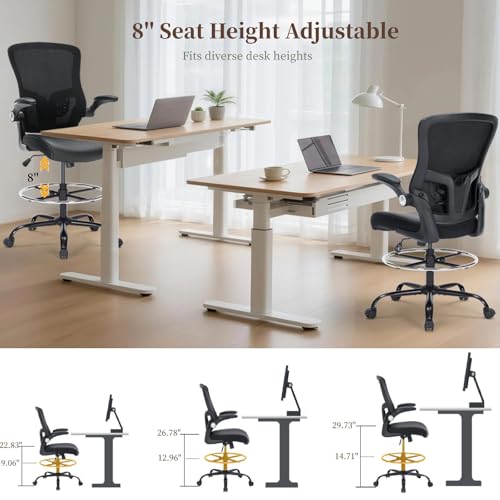 Drafting Chair, Tall Office Chair with PU Leather Seat, Ergonomic Standing Desk Chair with Lumbar Support Counter Height Office Chair with Adjustable Footrest Ring Flip-up Armrests