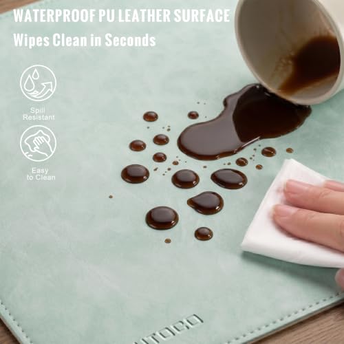 HAUTOCO Cork Desk Mat 31.5"x15.7", Distressed PU Leather & Smooth Cloth Mouse Pad, Non-Slip Large Gaming Desk Pad with Stitching Edges for Office Home, Mint Green