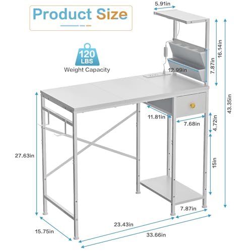 Jakyitvi 33.7" Computer Desk with Power Outlets, LED Lights & Drawer, Small Office Desk with Storage Bag & Hooks, Gaming Desk for Bedrooms or Home Office, Compact Study Desk for Small Spaces，White