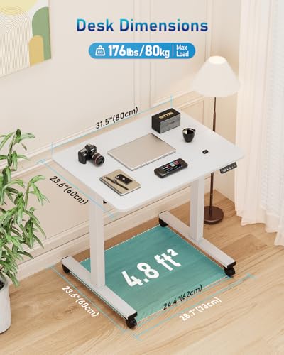 Xyndyx 32" Small Electric Rolling Standing Desk Adjustable Height, Mobile Sit Stand up Desk with Lockable Casters for Home Office & Computer Workstation, Splice Board, 2 Hooks, White Frame/White Top