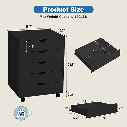 OLIXIS 5 Drawer Mobile File Cabinet Under Desk Storage Organization with Wheels Vertical Filing Chest Rolling Wood Small Desk Printer Stand for Home Office, 15.75"D x 18.74"W x 25.39"H, Black