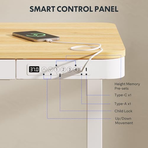 FLEXISPOT Comhar Electric Standing Desk with Drawers Charging USB Port, Height Adjustable 48" Whole-Piece Quick Install Home Office Computer Laptop Table with Storage (Maple Top + White Frame)