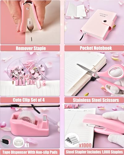LXEVIHK 21Pcs Pink Desk Organizers and Accessories With Mesh Desk Organizer and 360°Rotating Pen Holder and a Lot of Office Pink Office Supplies Beautifully Presented in a Gift Box
