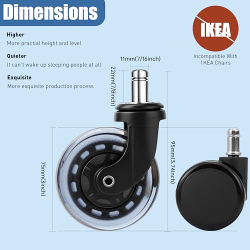 Office Chair Caster Set of 5, Hirate 3" Heavy Duty Desk Chair Replacement Wheel with Crescent-Shaped Smooth Rolling Safe for Hardwood, Carpet, Tile, Universal Fit 7/16" x 7/8", Blue