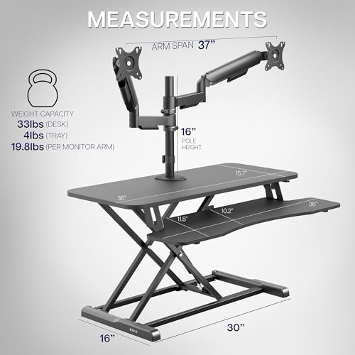 VIVO 36 inch Standing Desk Converter with Dual Monitor Mount for up to 32 inch Screens, Height Adjustable Riser with Mechanical Spring Arms, Black, DESK-KIT-036K2K
