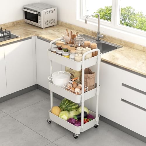 Sywhitta 3-Tier Plastic Rolling Utility Cart with Handle, Multi-Functional Storage Trolley for Office, Living Room, Kitchen, Movable Storage Organizer with Wheels, White