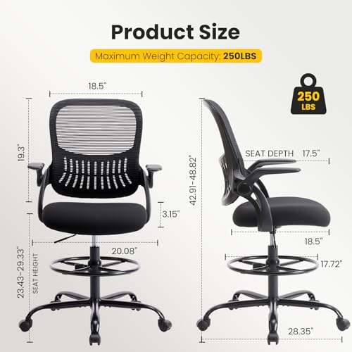 Sweetcrispy Tall Drafting Desk Chair - Ergonomic High Stool Computer with Adjustable Height and Comfy Lumbar Support, Office Rolling Counter with Flip-up Arm and Footrest, Black