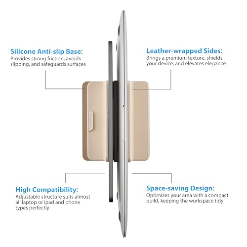 Dual Vertical Laptop Stand, 3 in 1 Upright Desktop Stand Holder with Adjustable Dock (Up to 17.3''), Leather Laptop Rack Storage Desk Organizer for Phone, Tablet, MacBook/HP/Dell/Chrome Book (Apricot)
