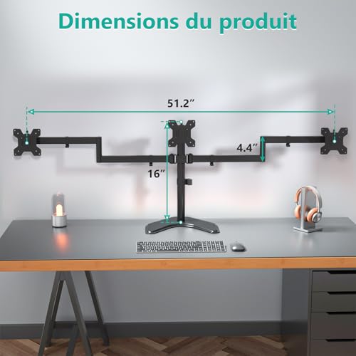 WALI Triple Monitor Stand, Free Standing Three LCD Monitor Fully Adjustable Desk Mount Fits 3 Screens up to 27 inch, 22 lbs Weight Capacity per Arm (MF003), Black