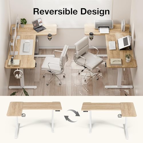 Acrolix L Shaped Electric Standing Desk - 59x40 Inch Reversible Corner Sit Stand Desk with Hook&Cup Holder,Electric Height Adjustable Table,for Home Office Gaming Computer Desk, Oak