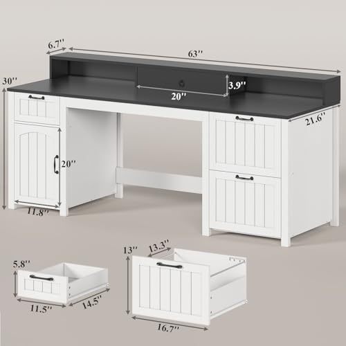 SEDETA Farmhouse 63" Executive Desk, Home Office Desk with File Drawer and Monitor Stand, Computer Desk with Drawers and Storage Cabinet, Wood Desk for Work Study Writing, White