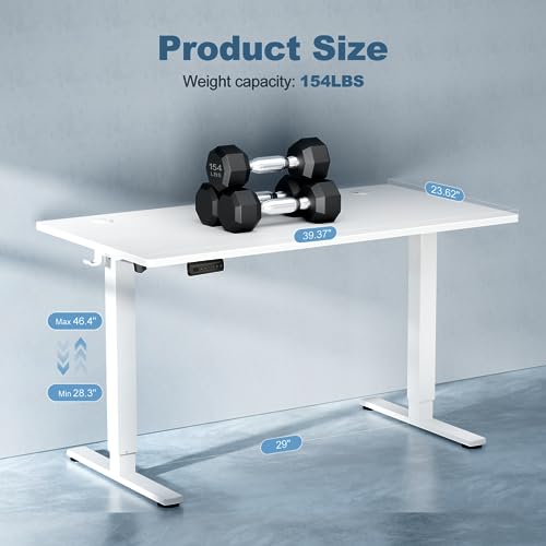 DUMOS 40 Inch Electric Standing Desk Height Adjustable, Sit to Stand Up Computer Workstations Work PC Table Home Office Study Writing Gaming Desks with Memory Presets for Walking Pad, Bedroom, White