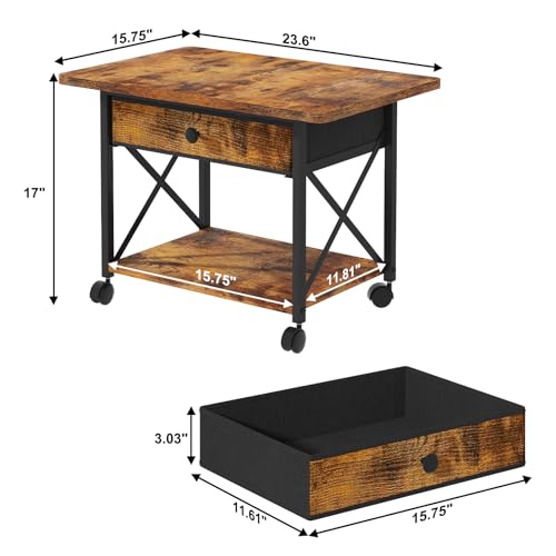 EasyCom 23.6" x 15.7" Under Desk Printer Stand with Storage Drawer, 2-Tier Shelf Desktop Printer Table for Desk with Wheels, Large Rolling Cart for Home Office Fits 3D Printer Scanner Rustic Brown