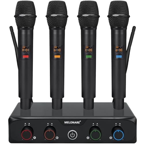 MELONARE 4-Channel Wireless Microphone System, UHF Compact Cordless Mic Set w/ 4x10 Frequencies, 200ft Range, Dynamic Handheld Microphone for Singing, Karaoke, Church, DJ, Wedding (MWM-41-4H)