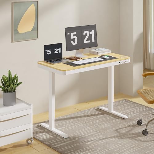 FLEXISPOT Comhar Electric Standing Desk with Drawers Charging USB Port, Height Adjustable 48" Whole-Piece Quick Install Home Office Computer Laptop Table with Storage (Maple Top + White Frame)