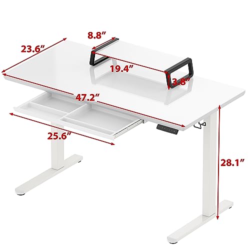 SHW 48x24 Glass Electric Height Adjustable Standing Desk – Motorized Sit Stand Desk with Monitor Riser, Pull-Out Drawer, Memory Presets, White