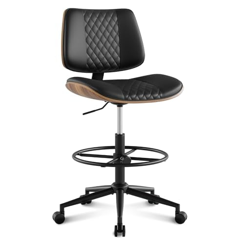 BERYTH Drafting Chair with Adjustable Footrest, Armless Modern Tall Office Chair for Standing Desk, PU Leather Swivel Stool in Curved Bentwood Style, Ergonomic Rolling Walnut Chair for Office(Black)