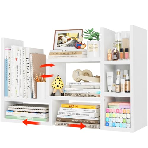 NUTIKAS Desk Shelves Desktop Organizer Shlef - White Office Organization for Top of Desk Organizers and Accessories Corner Bookshelf Table Top Shelving Small Hutch Decorations for Women Office